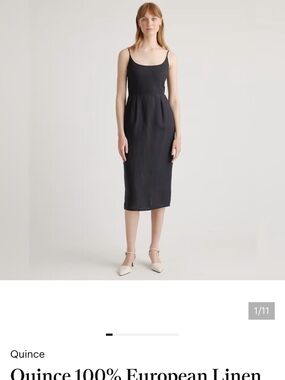 Quince Black Linen Midi Slip Dress with Slim Straps